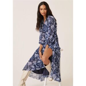 New Anthropologie Hutch Geo Blue Floral Wrap Maxi Dress Size Medium